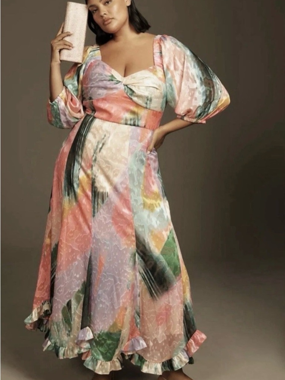 Hutch Multicolor Puff-Sleeve Midi Dress in Pastel Watercolor
